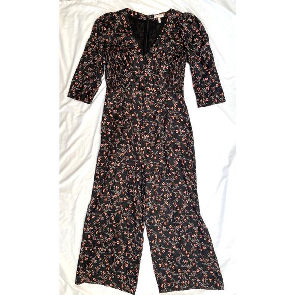Rebecca Taylor Lia Black Red Orange Floral Stretch-Silk Jumpsuit, 6, Small - Picture 2 of 8